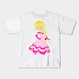 Cute Princess, Blonde Hair, Crown, Pink Dress Kids T-Shirt